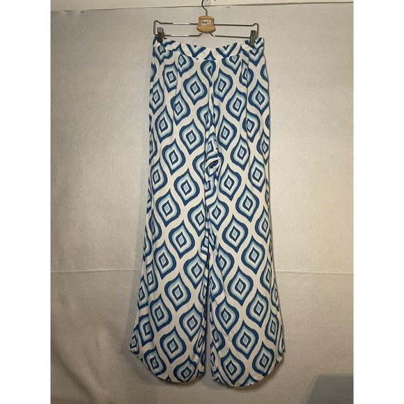 Skemo Blue White Ikat Wide Leg Pants Sz L - Picture 4 of 5